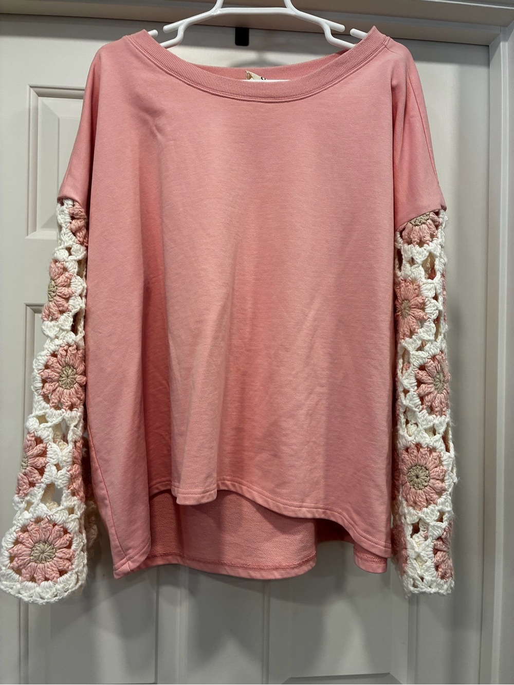 BiBi Pink Pullover with Crochet Floral Sleeves